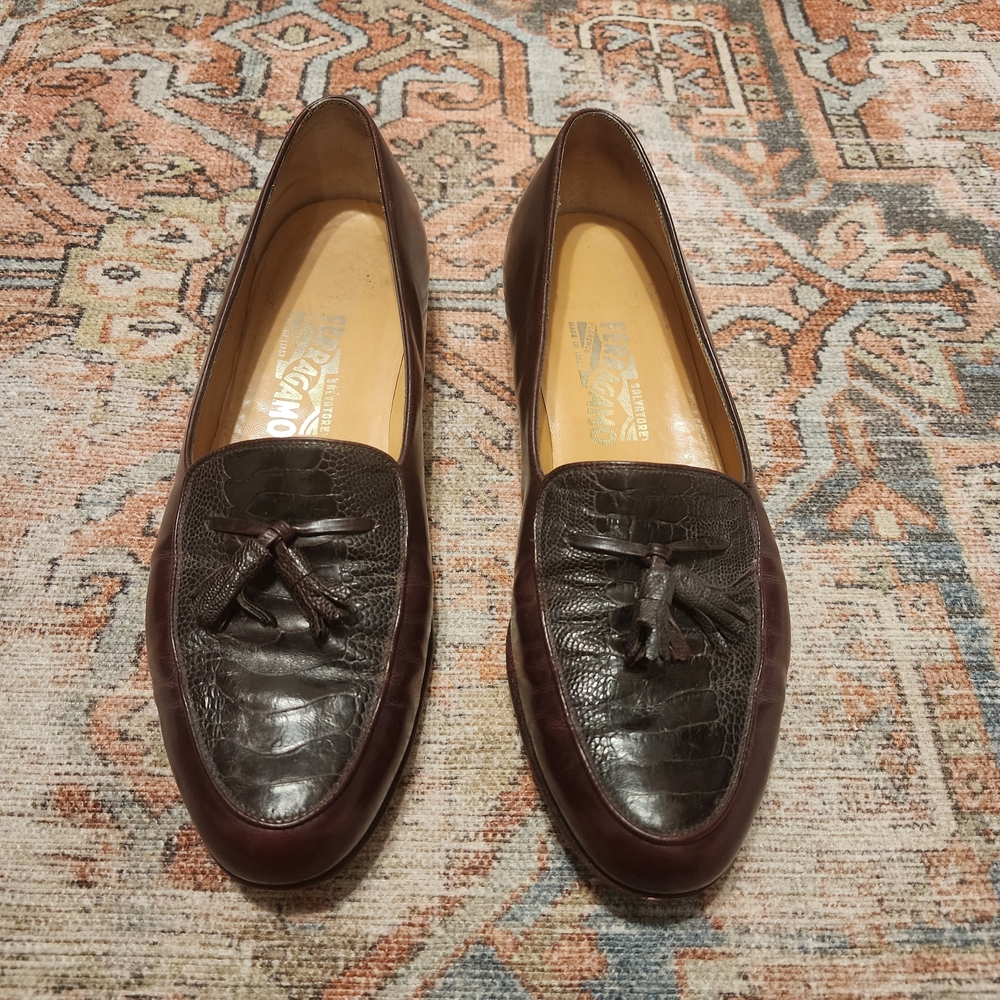 Real Ostrich Bergundy/brown Salvatore Ferrogano Leather Loafers with Tassels